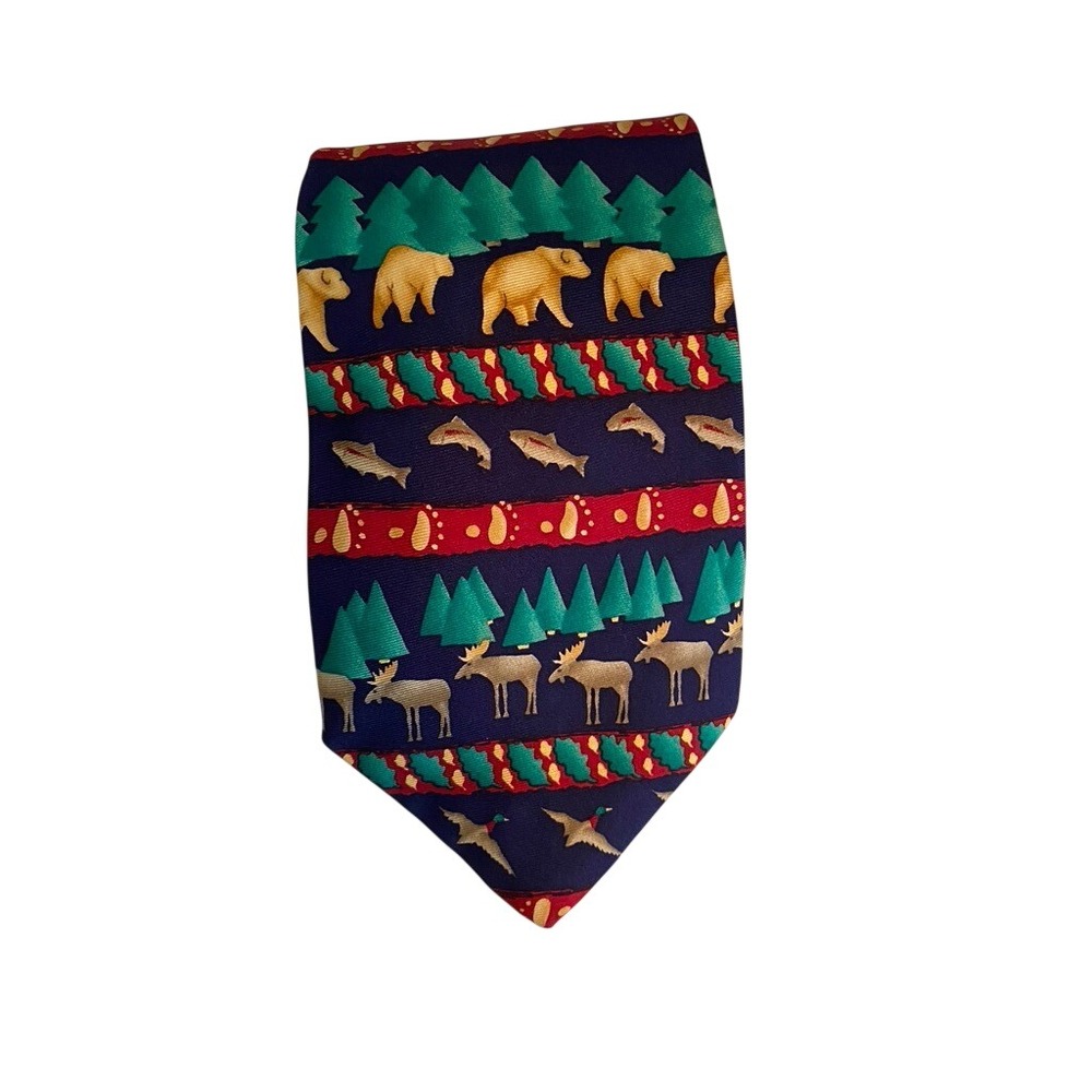 Alynn Neckwear Mens Silk Tie North Country Wildlife Bear Moose Trout Duck Navy